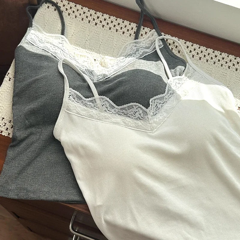 KUCLUT New Cloud-Like Feel Cotton Lace Small Strap Vest Women's Summer Breathable Thread Integrated Chest Pad Backless Design