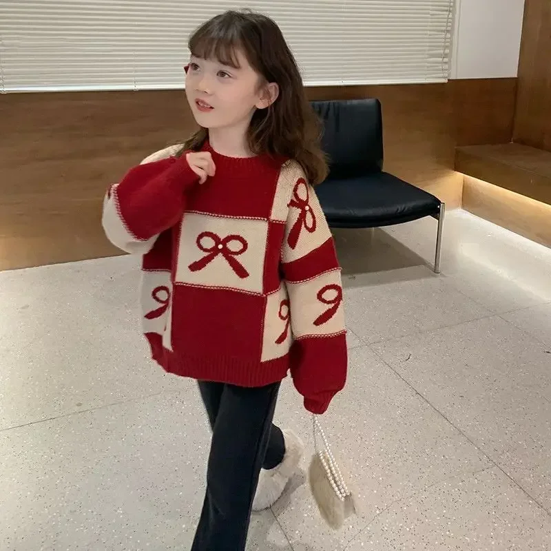 Girls Red Chinese Style Autumn And Winter Thickened Knitted Sweater Kids Bow Warm  New Sweater Top Outfits Tops Childre Clothing