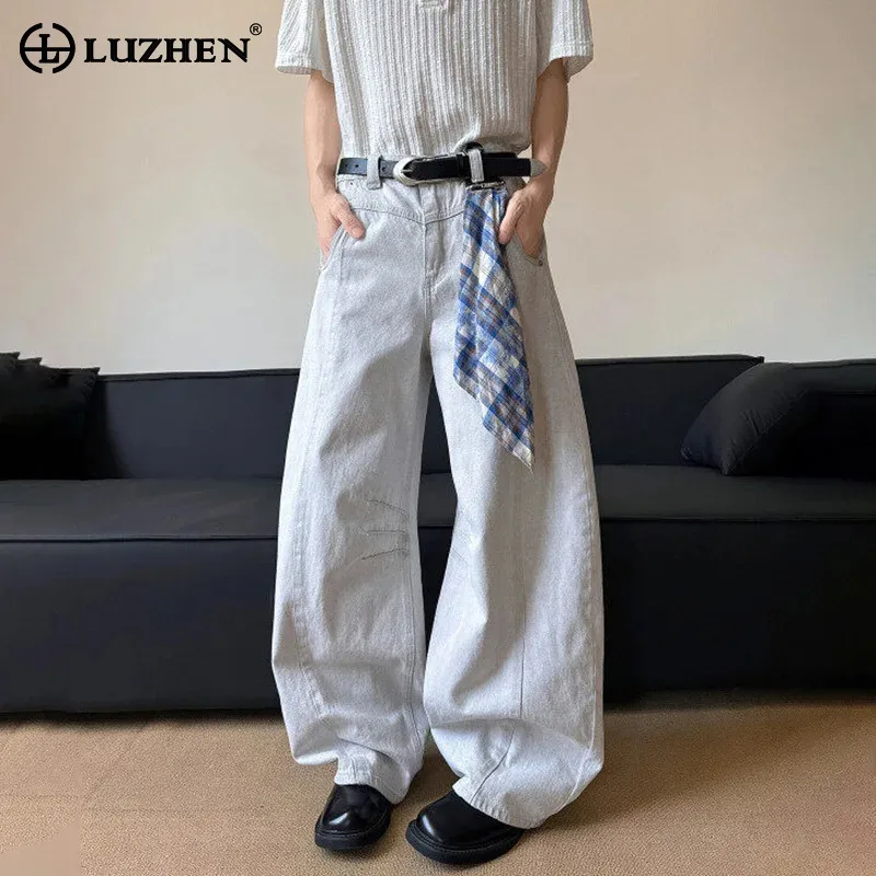 

LUZHEN Luxury Elegant Loose Wide Leg Casual Jeans Men's 2025 New Solid Color Washed Straight Handsome Male Denim Pants JY3112