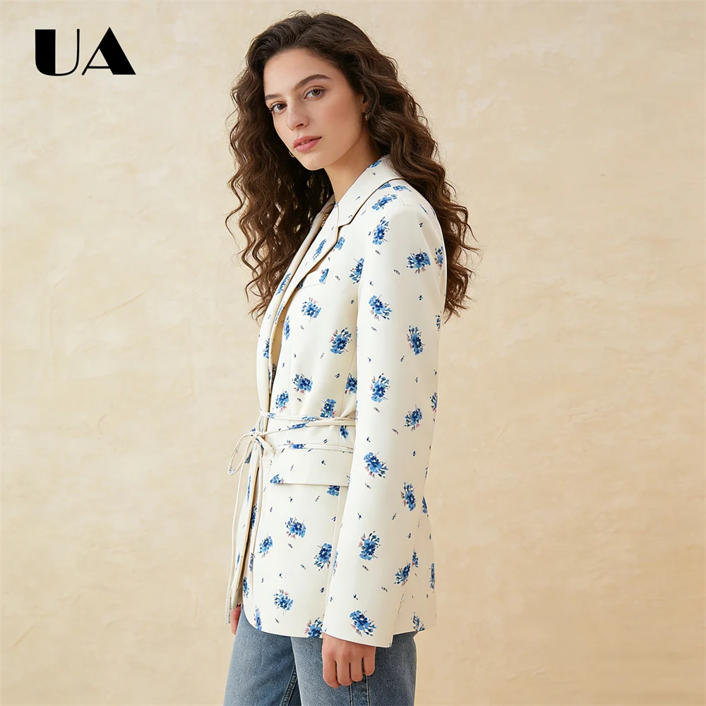 Blazer floral bleu crème à manches longues, veste à revers, ceinture à nouer à la taille, élégant, décontracté, blazer de travail, mode printemps été floral