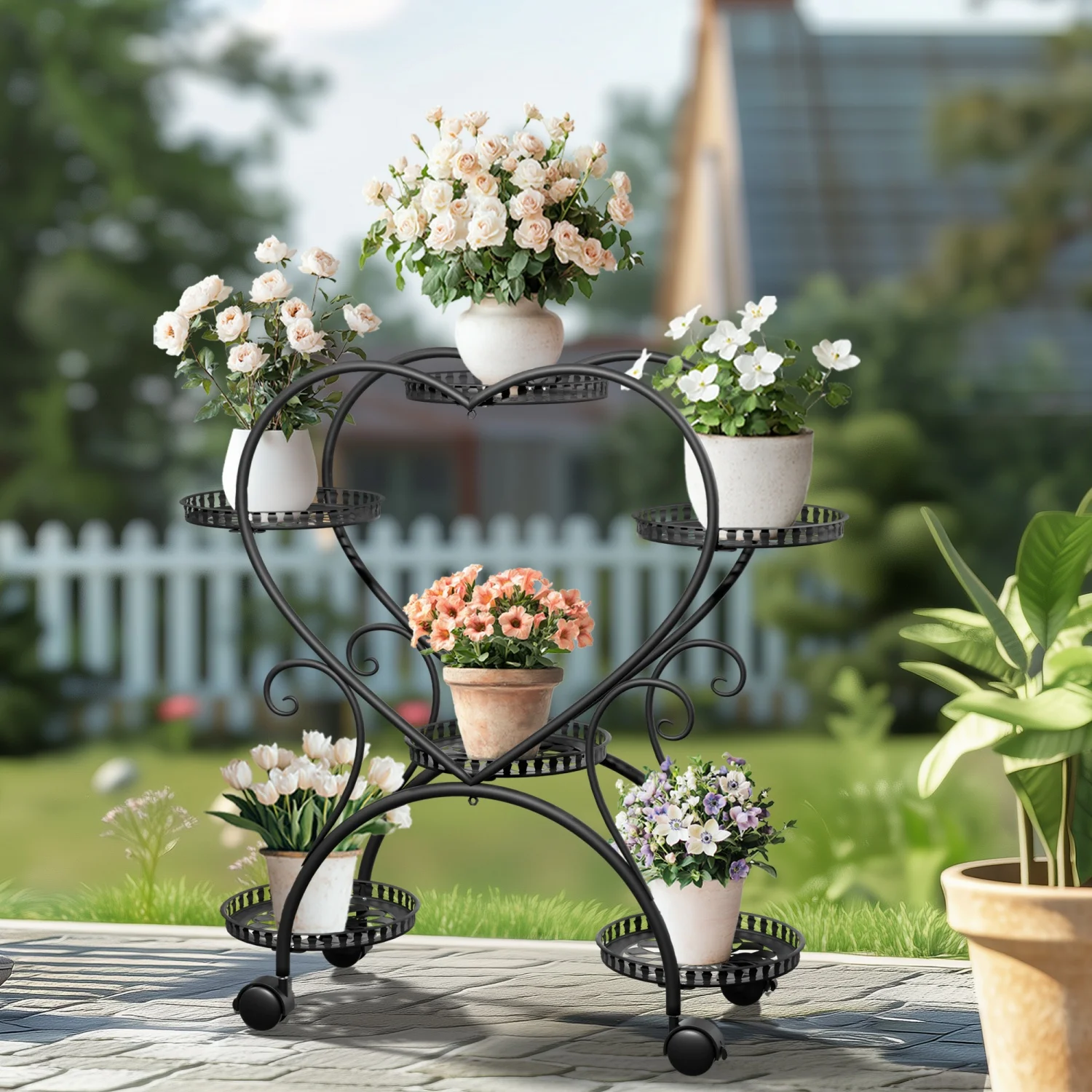 

Indoor Outdoor Rolling Metal Plant Stand 6 Potted Heart-shaped Flower Plantter Display Rack Holder, Black