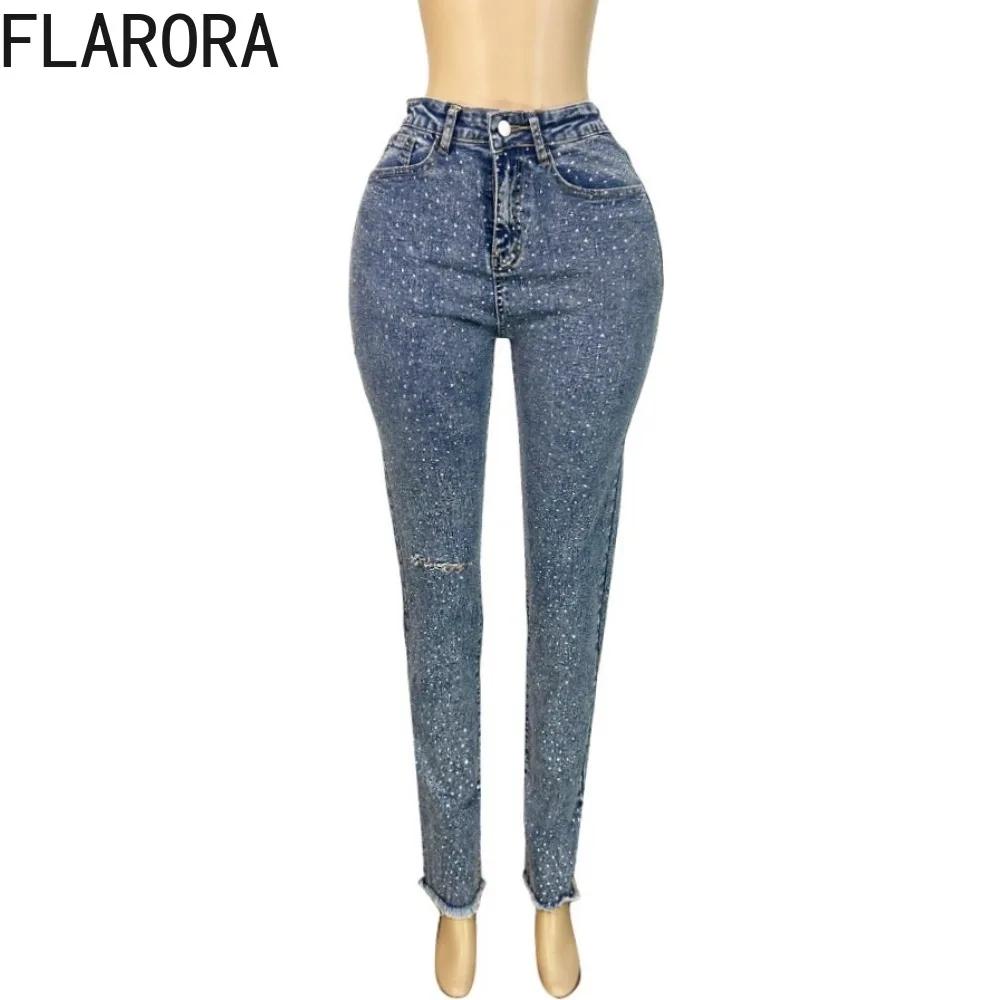 FLARORA ヴィンテージダイヤモンドデニムペンシルパンツ レディース ハイウエスト ホールポケット スキニー ジーンズ 2025 新作 Y2K ストリート 女性用 カウボーイパンツ