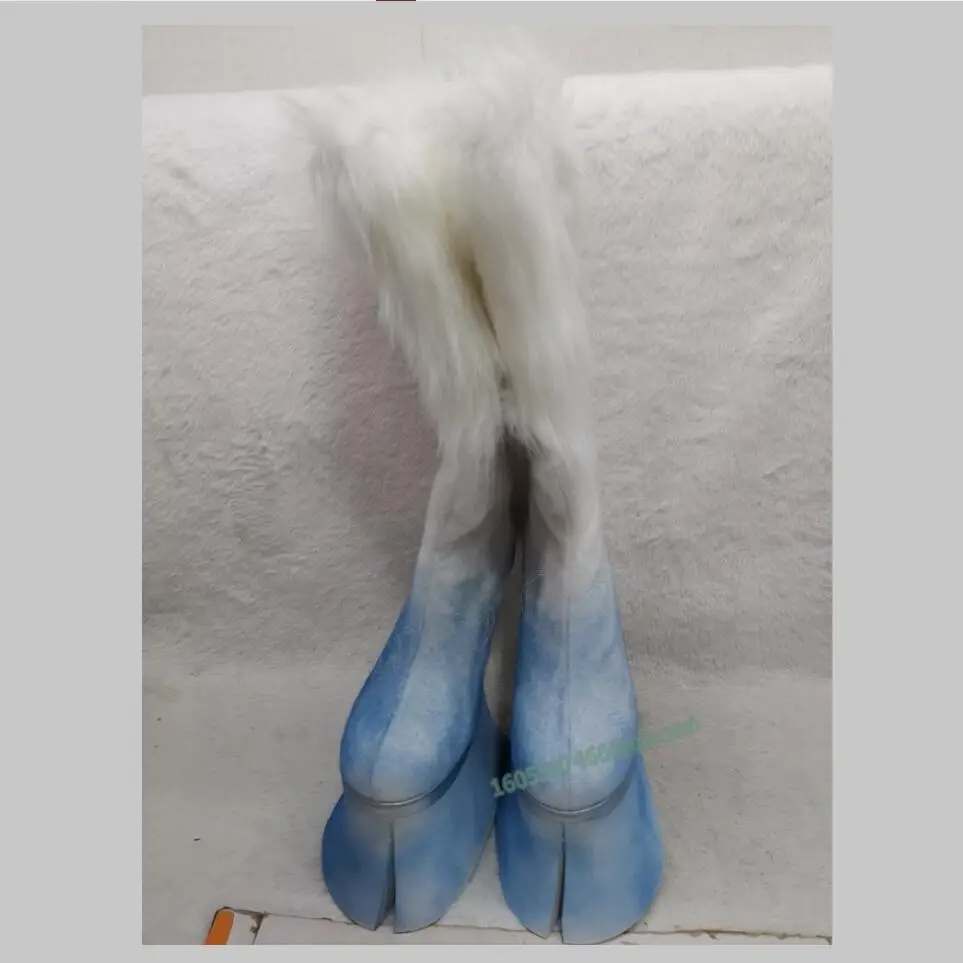 Blue White Rivet Decor Horse Proof Boots Strange Style Knee High Shoes for Women High Heel Party Shoes New Zapatos Para Mujere