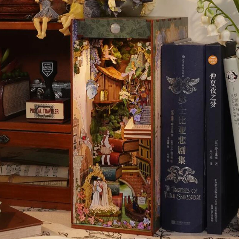 

NEW DIY Book Nook Insert Shelf Kits Wooden Miniature Model Kit Shakespeare's Verse Bookend Bookshelf Home Decoration Adult Gifts