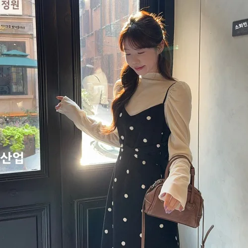 블랙 드레스 여성용 가을 겨울 블랙 블랙 브이넥 브이넥 코듀로이 코듀로이 레이어드 레이어드 여성용 여성용 드레스 드레스