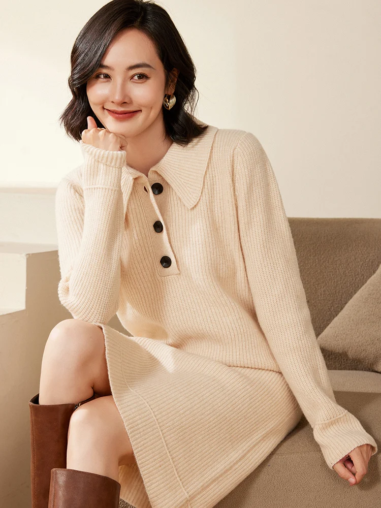 

Women 100% Merino Wool Dresses Turn-Down Collar Half-open buckle design Autumn Winter Office Lady Grace Luxury Cashmere Knitwear