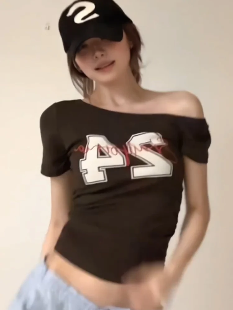 

American Sle Retro Slim Fit ort Sve T irt Женский летний укороченный топ с принтом Faion oulder n V ape Ne Line
