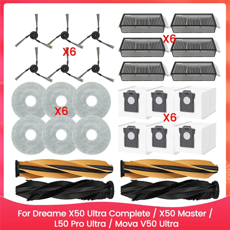 AT28-For Dreame X50 Ultra Complete/X50 Master/L50 Pro Ultra/Mova V50 Ultra مجموعة ملحقات فرشاة مرشحات HEPA وسادات ممسحة أكياس الغبار