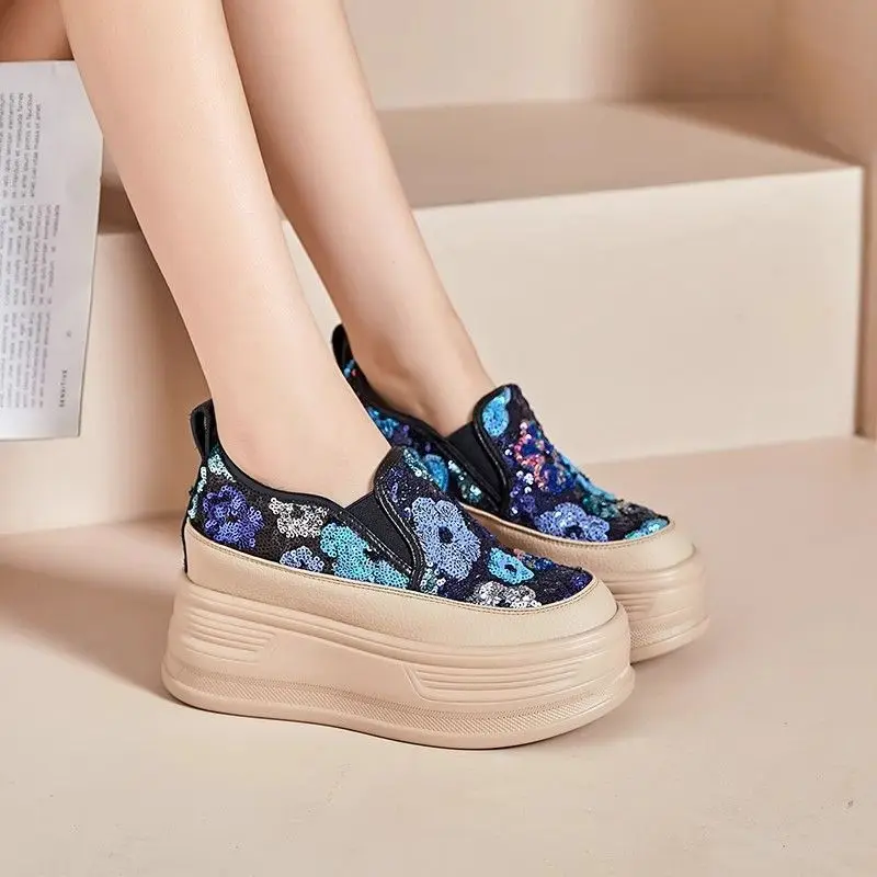 Sequin Flower Woman Platform Sneakers Wedge Shoes Female 8cm Height Increasing Ladies Breathable Cloth Casual Shoes Canvas Shoes