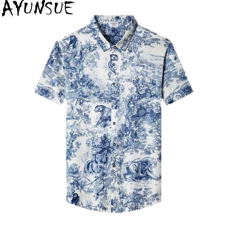 

AYUNSUE 92.5% Real Mulberry Silk Shirts for Men 2026 Summer Top Fashion Ink Printed Shirt Casual Man Shirts High Quality 남성 반팔