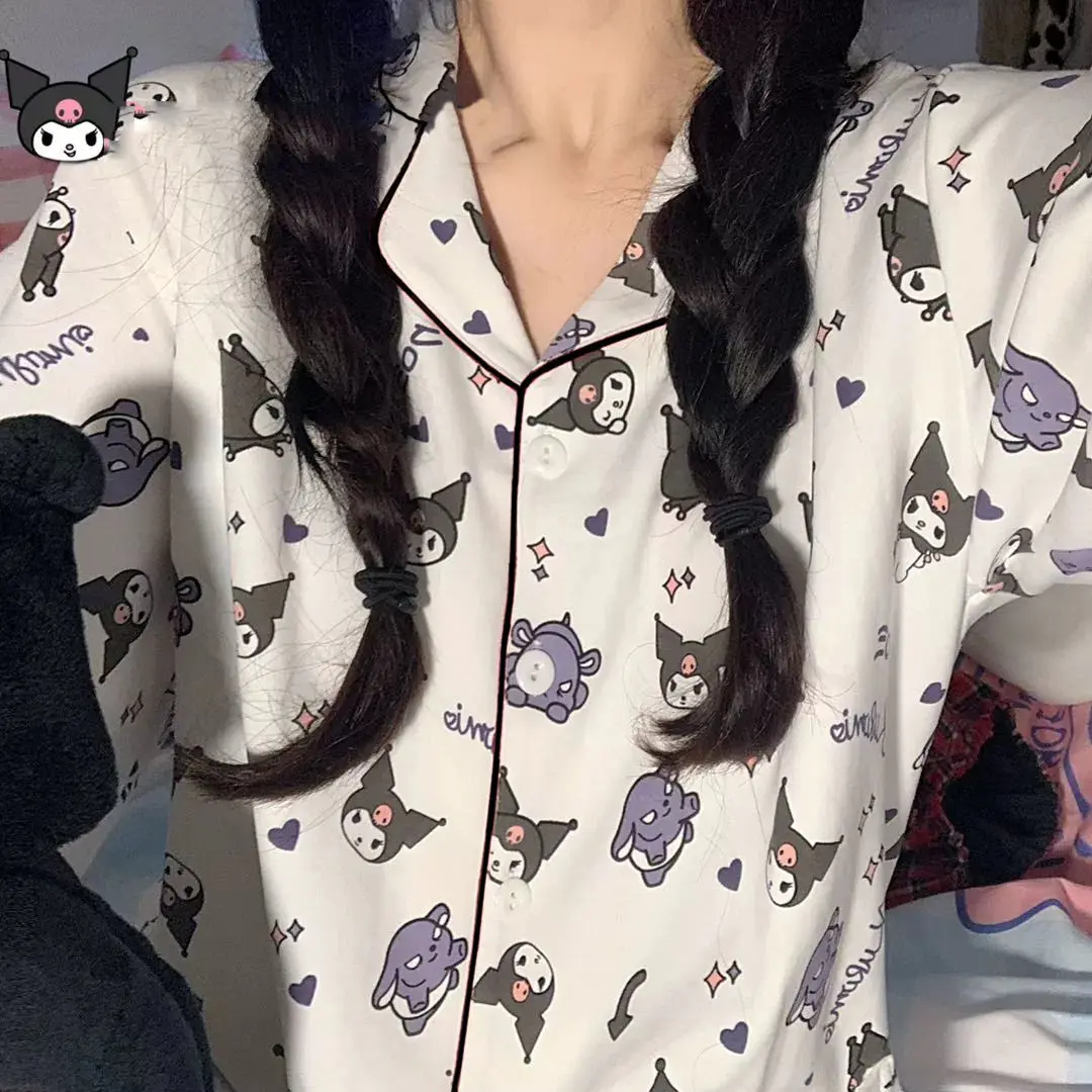 Sanrio Kuromi Cinnamoroll pijama dos desenhos animados para mulheres, conjunto de pijamas de 2 peças, terno de manga comprida feminino, moda fofa,