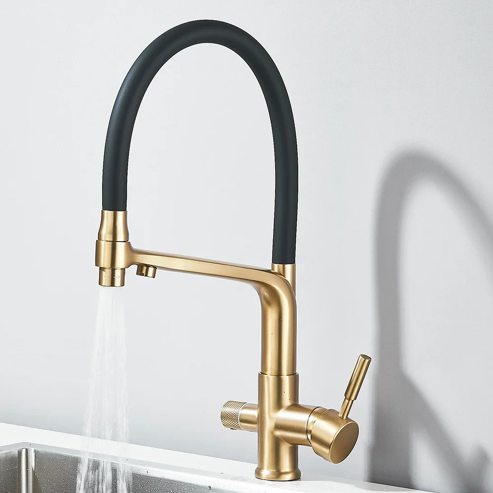 Brushed Gold Kitchen Faucet Filtered Water Dual Spout Purification Feature Kitchen Tap 360 Rotation Water Crane For Kitchen