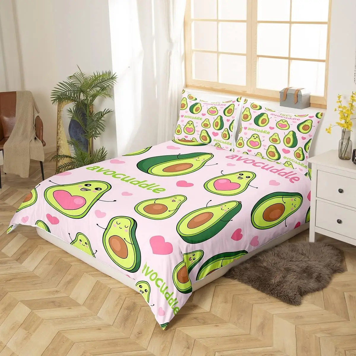Kawaii Avocado Duvet Cover Set Single Size Pastel Pink Heart Bedding Set With 1 Pillowcase Funny Cartoon Fruit