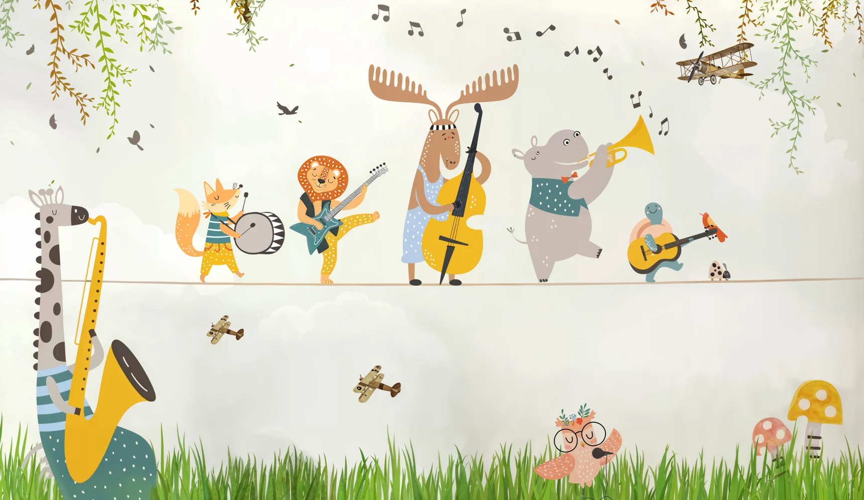 3D Hand-Painted Wallpaper Custom Size with Hot-Air Balloon & Giraffe Animal Motif Children's Room Background Wall 3d Mural