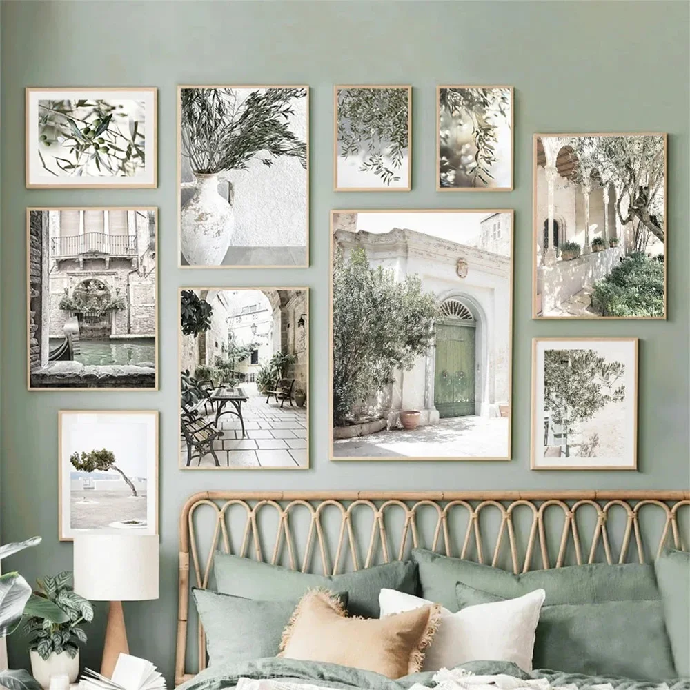 (1pc frameless)Italian Puglia Architecture Olive Tree Green Leaf Canvas Print Nordic Mediterranean Wall Art Poster for Living