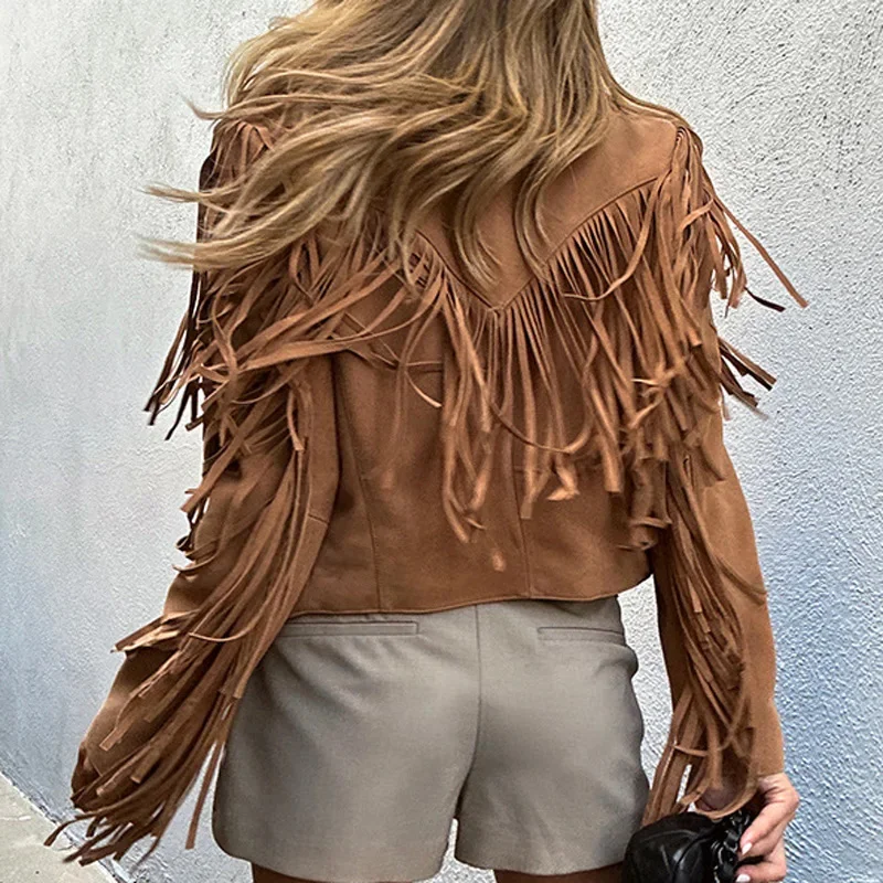 Motorcycle Tassel Short Jacket For Women Europe America Fashion Ceket Female Genuine Leather Suede V Shape Hem Large Lapel Coat