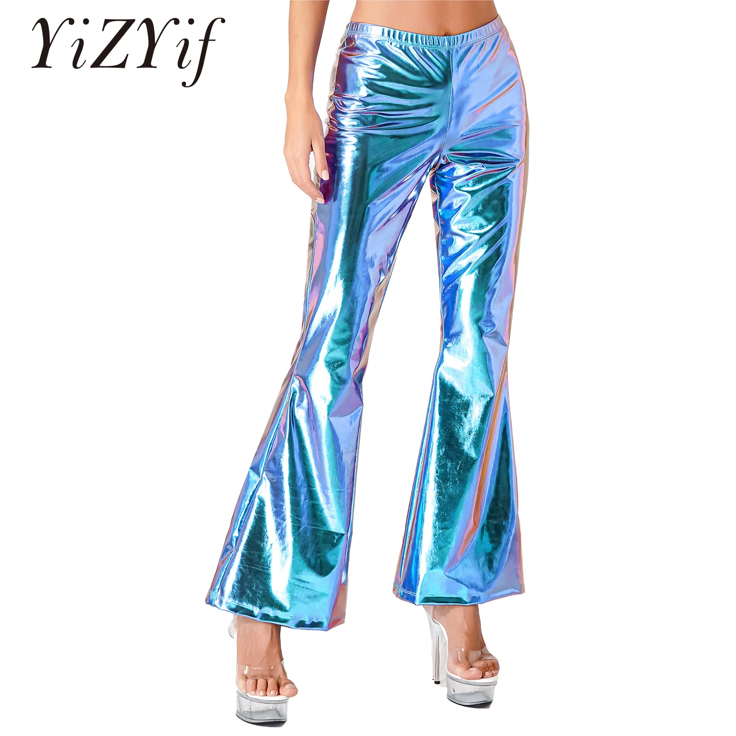 Women Shiny Flare Trousers Metallic Retro 70s Disco Hippie Trousers Skinny Bell Bottoms Cosplay Dancing Club Party Stage Costume