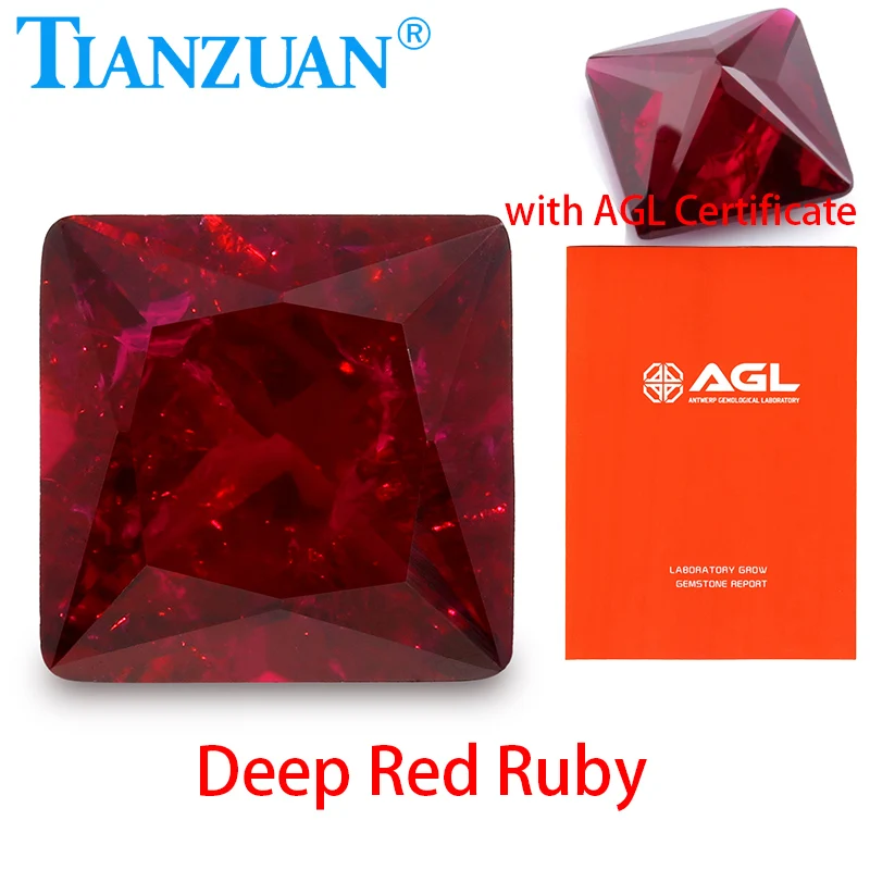 Square Shape Lab Grown Ruby Deep Red Ruby Princess Cut Synthetic Corundum with Cracks Inclusions Inside with AGL Certificate