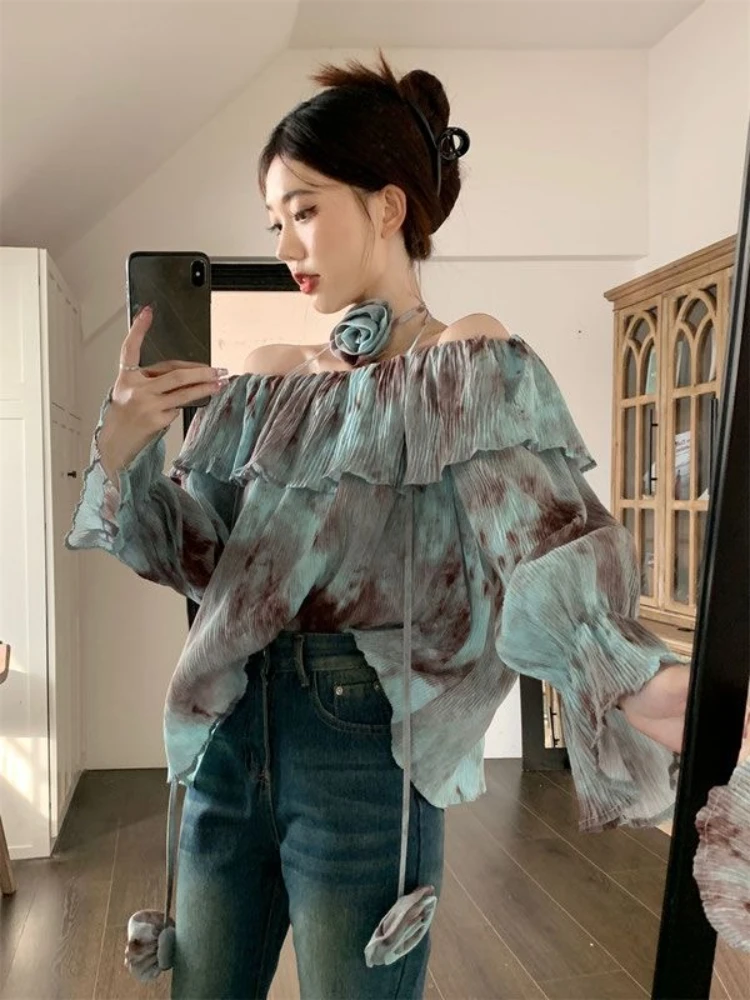 

Бандаж на одно плечо, шифоновая женская рубашка и блузка, винтажная одежда с принтом тай-дай, тренд 2025, молодежная женская одежда, новые женские топы