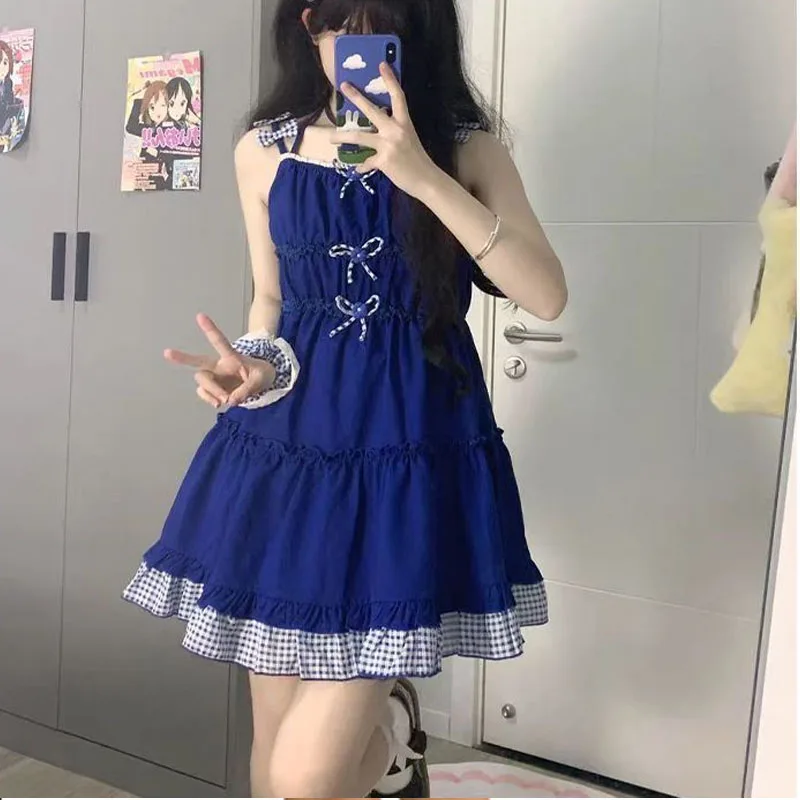 Dopamine Summer Women Klein Blue Slip Dress Lolita Bow Young Style Sweet Patchwork Lattice Loose Off Shoulder Sleeveless Dress