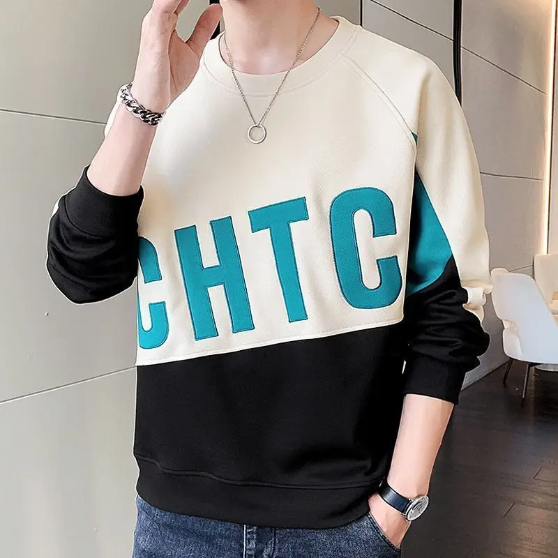 Fashion O-Neck Spliced Printed Letter Sweatshirts Men's Clothing 2023 Autumn Winter New Oversized Casual Tops Korean Sweatshirts