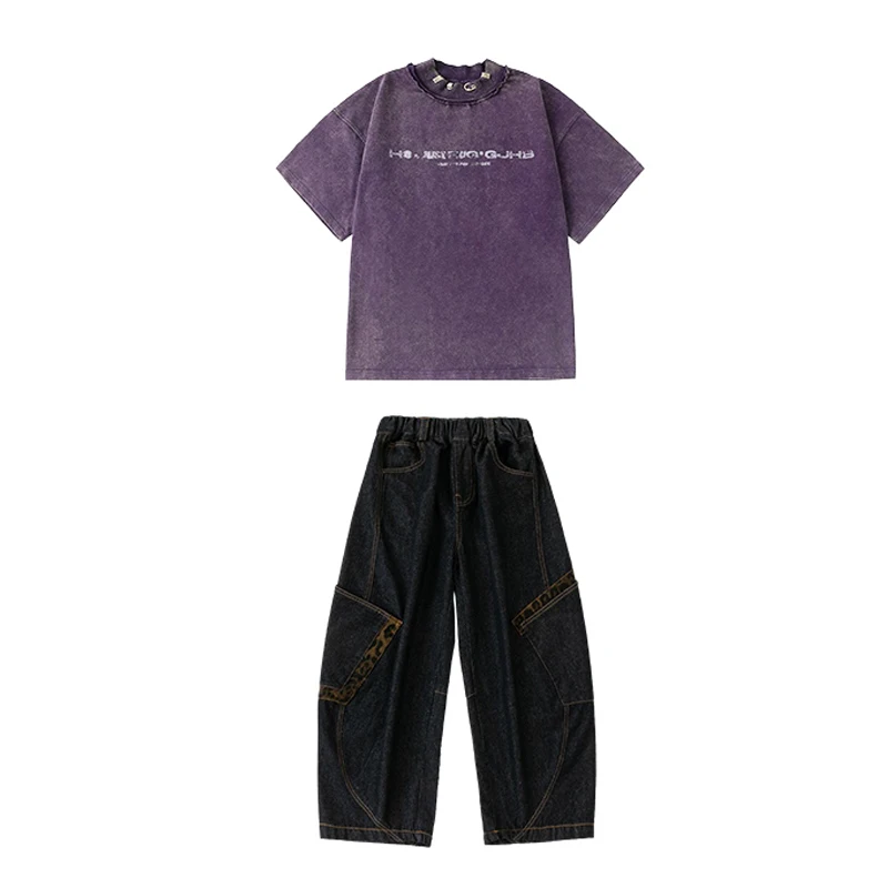 2025 Estate Abbigliamento per bambini Ragazzi Abiti da ballo Hip Hop Maglietta viola Pantaloni neri Ragazze Jazz Practice Wear Jogger Outfit BL16085