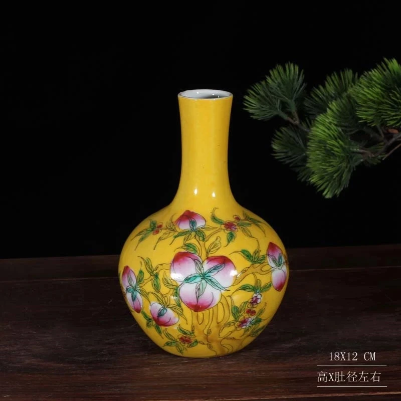 Republic of China Hand-painted Yellow Glaze Nine Peach Vase Antique Collection Jingdezhen Antique Prcelain