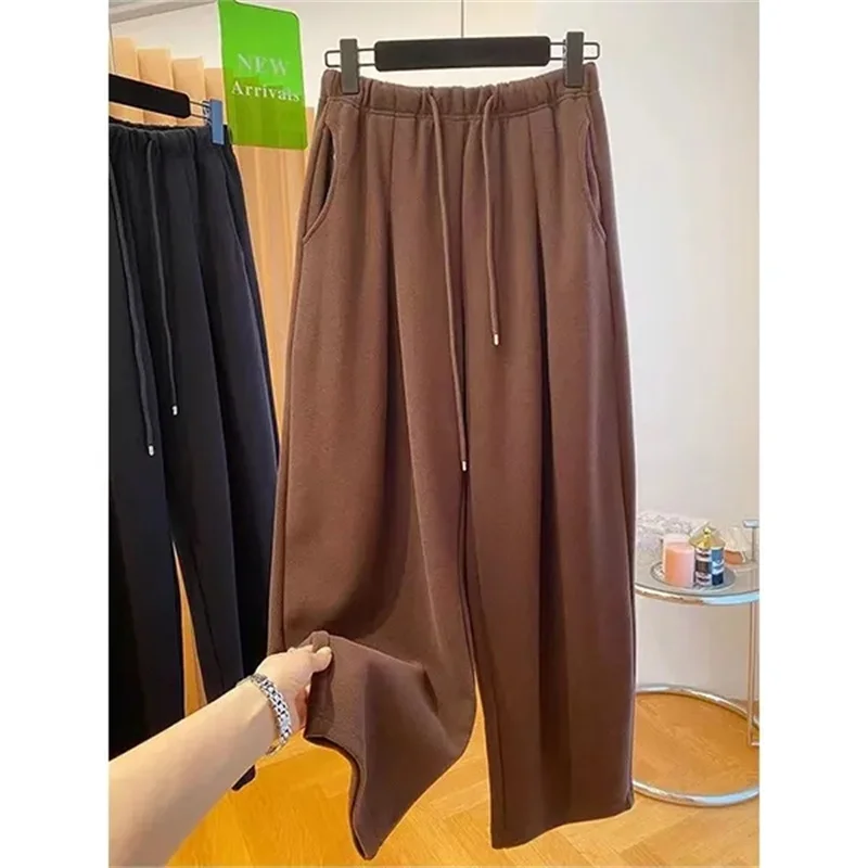 겨울 여성용 시크 하이웨이스트 스트레이트 레그 보온 바지 여성용 플러시 캐주얼 배기 바지 소녀용 스노우 웜 팬츠