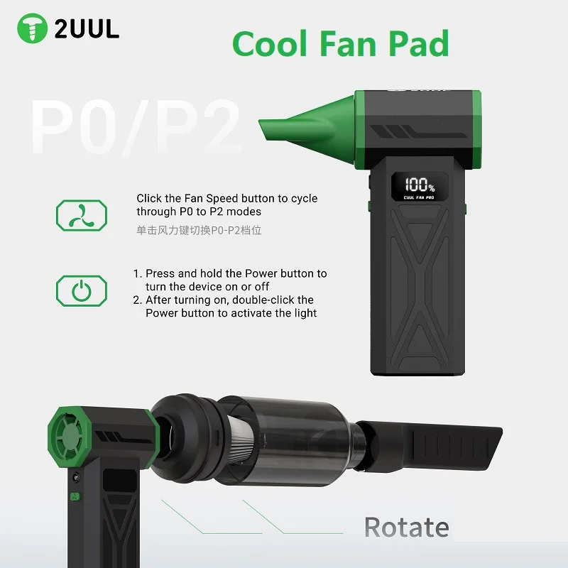 2uul DA97  Electric Turbo Fan Type-C Charging Li-on Battery 4 Adjustable Gears Cooling Dust Cleaning Suction Function For Phone