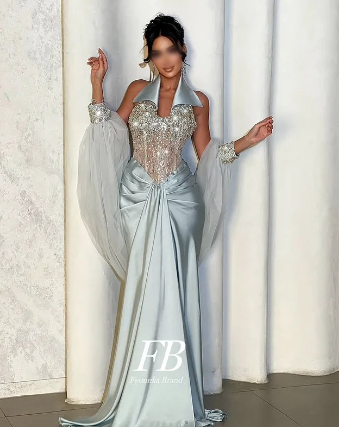 

Светло-голубое длинное вечернее платье-русалка с накидкой, блестящими кристаллами и драпировкой, для выпускного вечера или торжественного мероприятия, индивидуальный пошив на заказ