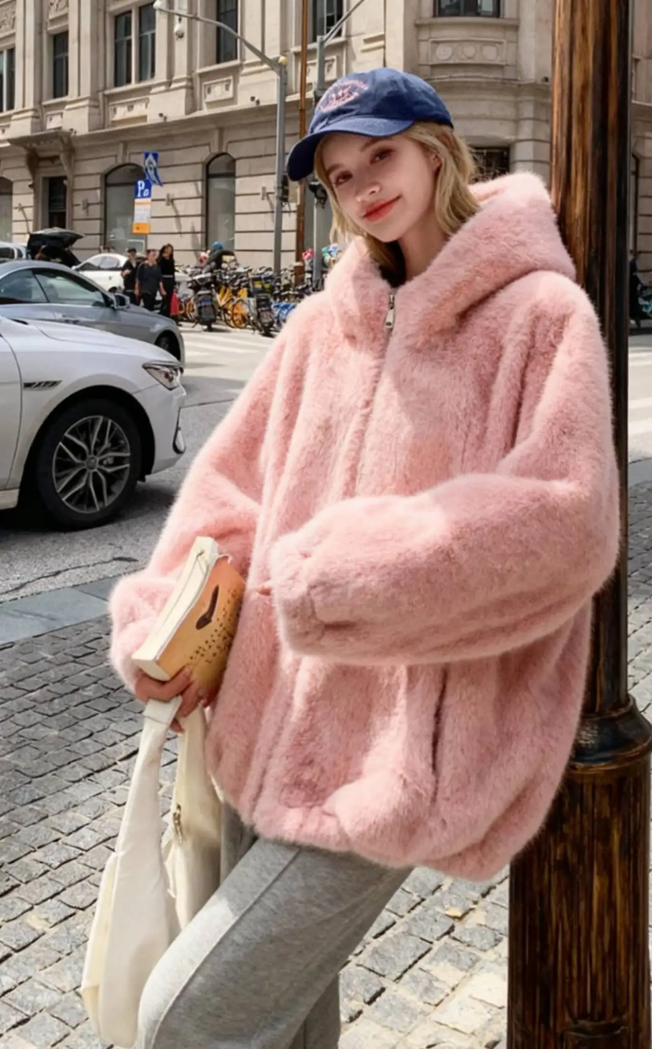 سترات نسائية شتوية من فراء الأرنب الحقيقي شيربا مزينة بالألماس بطبقات مزدوجة مع سحاب كامل وياقة مدورة للمكتب كاجوال