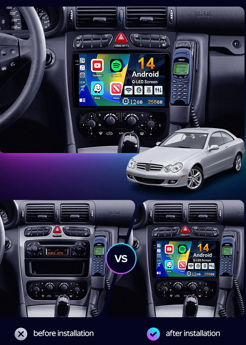 For Mercedes Benz C Class S203 CL203 W203 2000 - 2004 2K 12+256 QLED Android 16 CarPlay Car Radio Multimedia Video Player GPS 4G