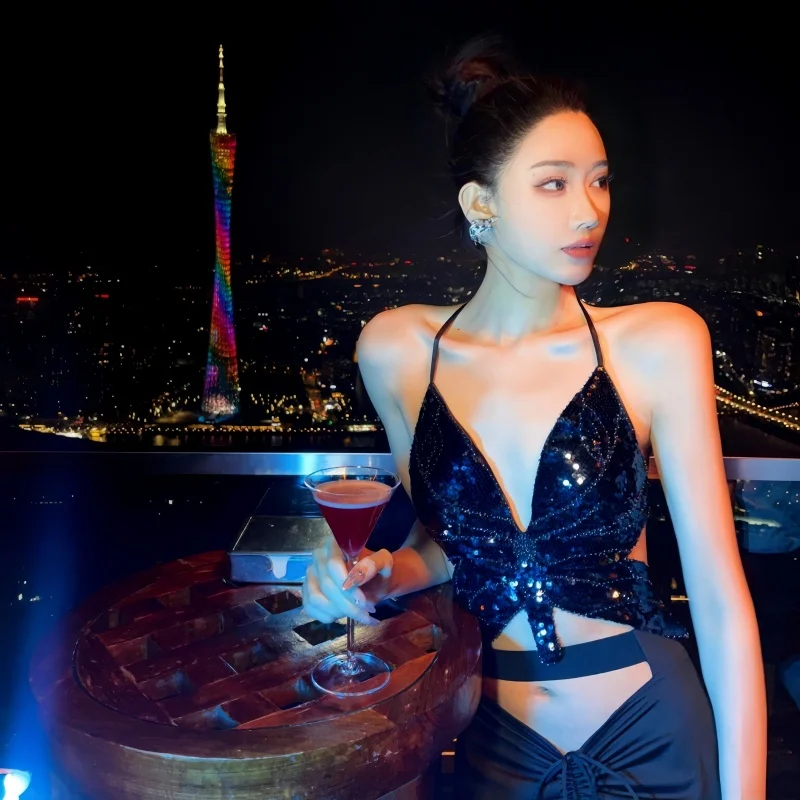 

2025 New Nightclub High-End Feeling Bikini Bright Sequin Top Denim Bot Sexy Girl Vaion Swimming Suit