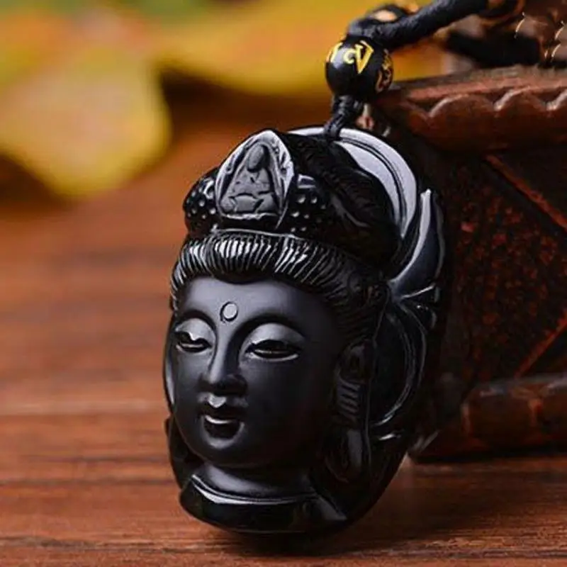 Obsidian Guanyin Pendant + Necklace Ornaments Handmade Stone Men Sweater