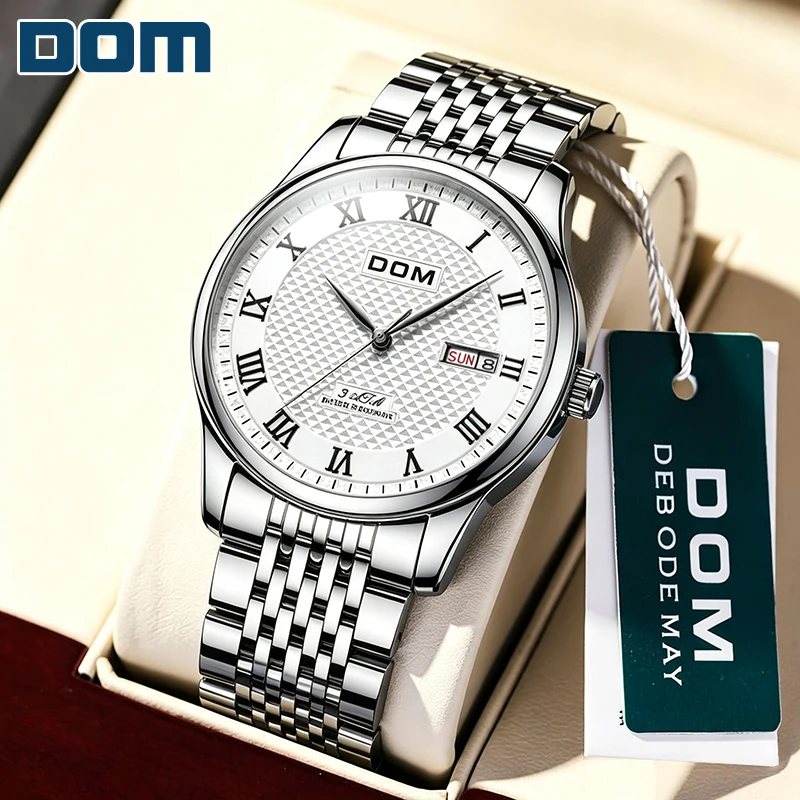 DOM Men Automatic Mechanical Watch Transparent Case Back White Texture Roman Dial Day Date Stainless Steel Business Wristwatch
