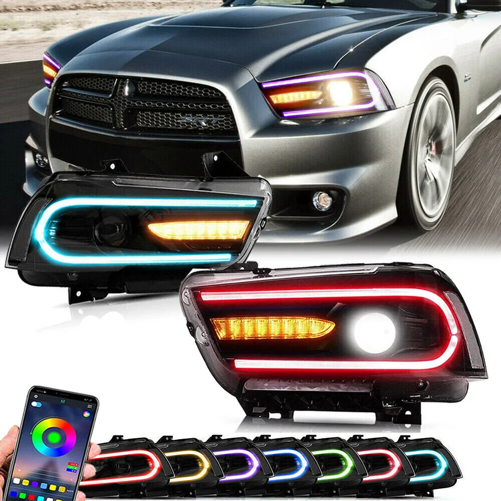 Car LED RGB Headlights For Dodge Charger 2011 2012 2013 2014 Accessories Bluetooth App Multi-Color DRL Front Light Assembly