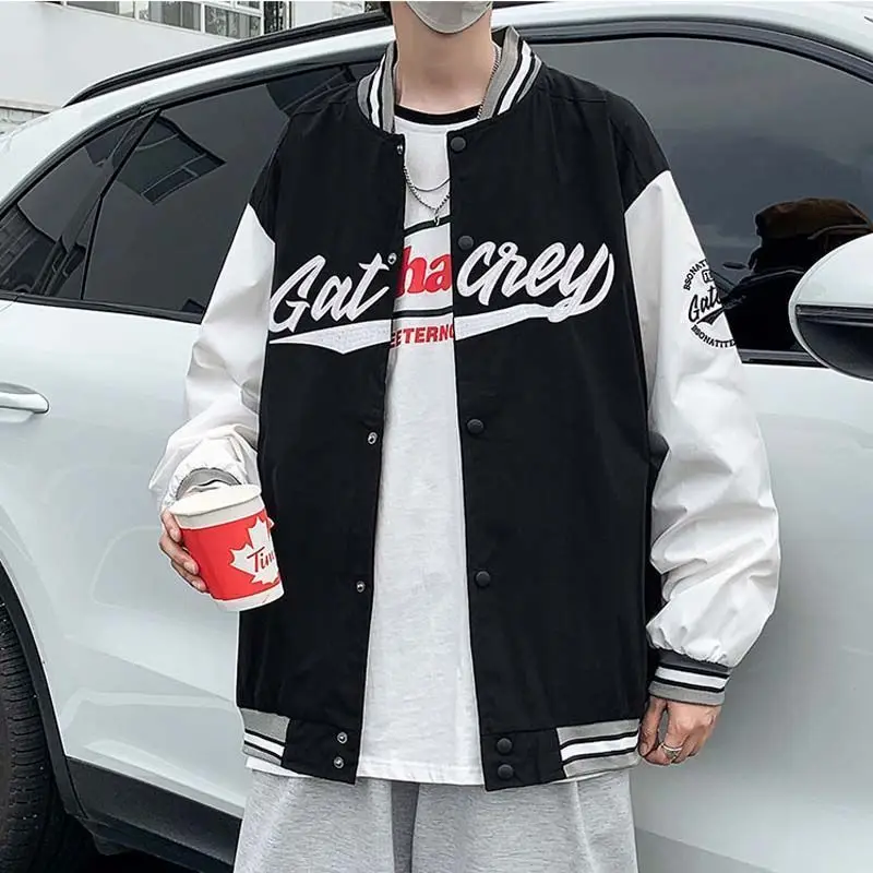 Spring Autumn Men's American Letter Printed Baseball Jacket Fashion Loose Versatile Handsome Contrasting Color Patchwork Coat