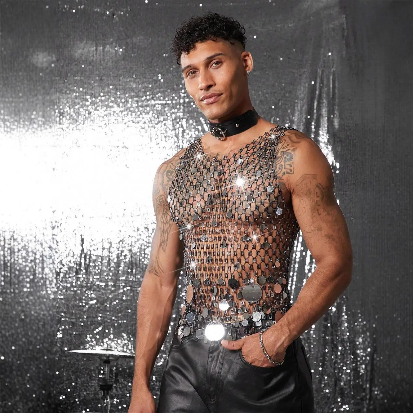 

Sexy Beach Men's Vest Cross-Border New Pearl Net Pendant Hollow out Knitted Wide Fit Special Sle Autumn Color Vest