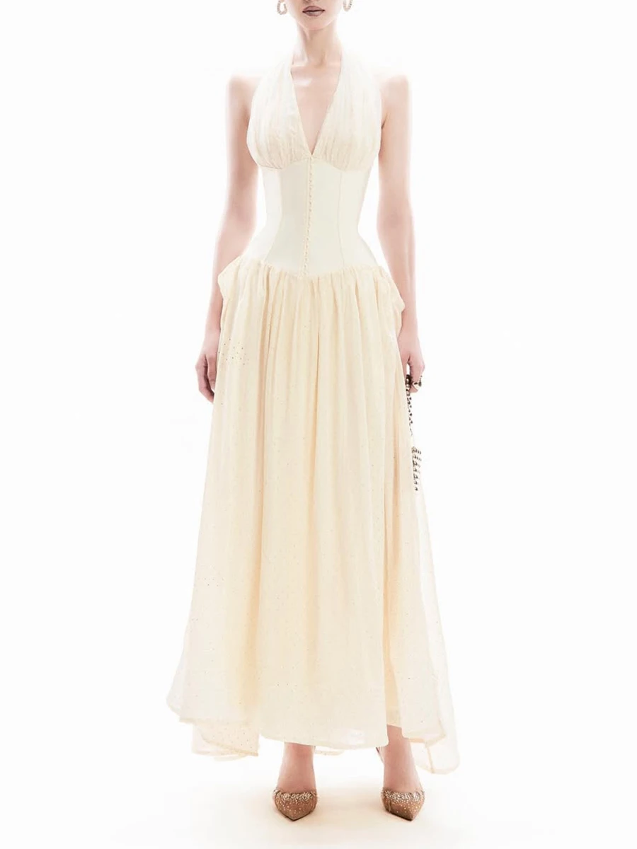 

TWOTWINSTYLE Solid Spliced Folds Slimming Dresses For Women V Neck Sleeveless Tunic Temperament Minimalist Dress Female Style