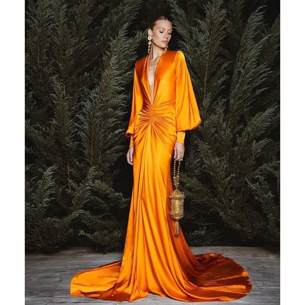 

Deep V Neck Orange Long Sleeves Prom Gown Mermaid Floor Length Stylish Boutique Dinner Party Dresses