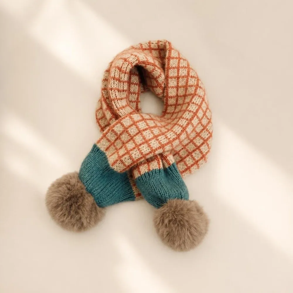 Soft Pompon Trim Plaid Knitted Scarf Warm Thicken Fabric Warm Neck Cover Warm Neckerchief Stripe Pattern Patchwork Shawl