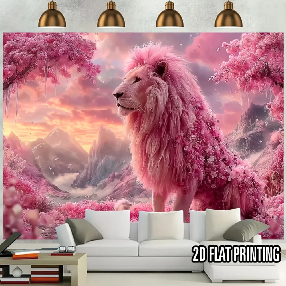 Bohemian Pink Lion Floral Fantasy Tapestry Boho Wall Hanging Aesthetic Forest Jungle Romantic Maximalist Room Decor Art Print Gi