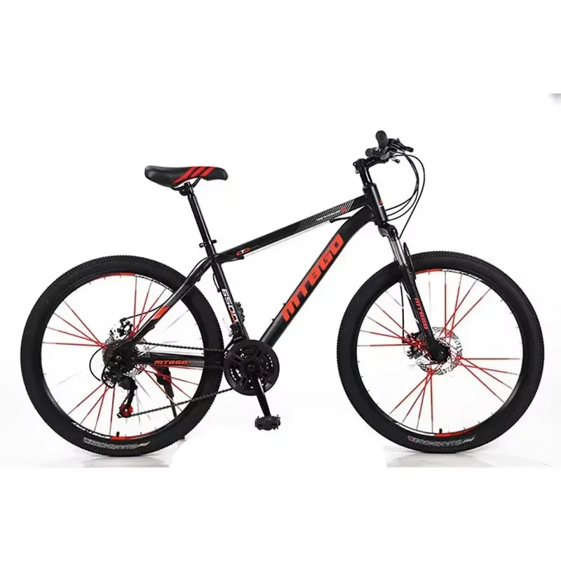 High-quality custom 21-speed mountain bike, aluminum shock-absorbing steel fork, with disc brakes and regular pedals, adult