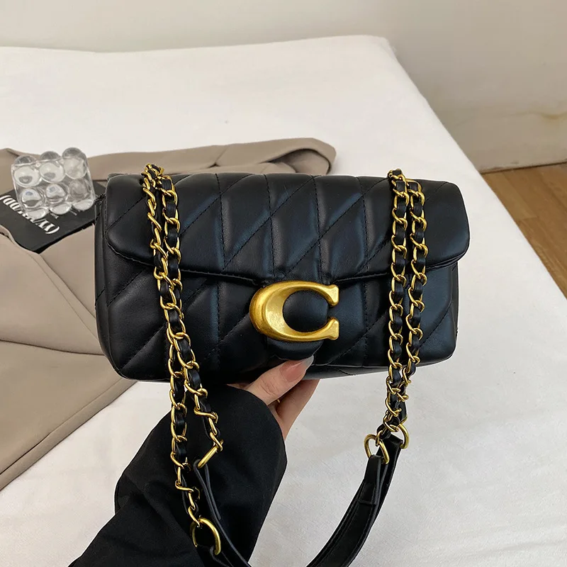 Women Quilted Leather Shoulder Bag Luxury C Logo Gold Chain Crossbody Bag Designer Small Flap Handbag Vintage Black Evening Clut image 3
