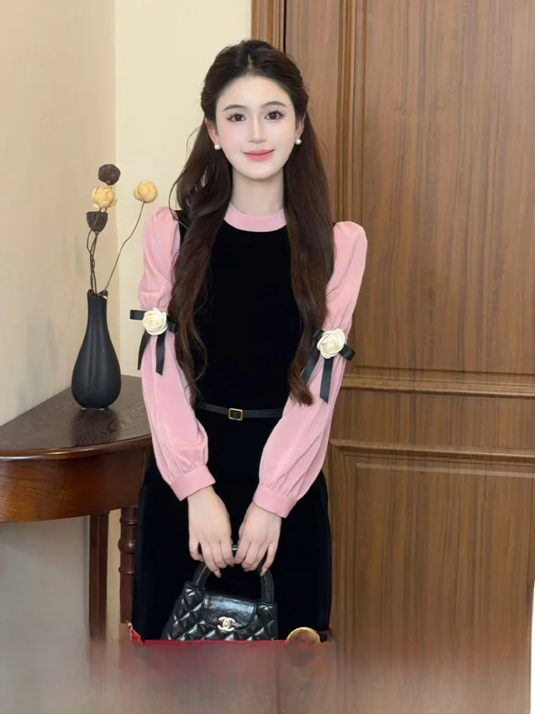 

Комплект из двух предметов Lili Bla: бархатное платье с принтом роз и юбка А-силуэта с высокой талией, французский стиль, длинный рукав, женское осеннее платье