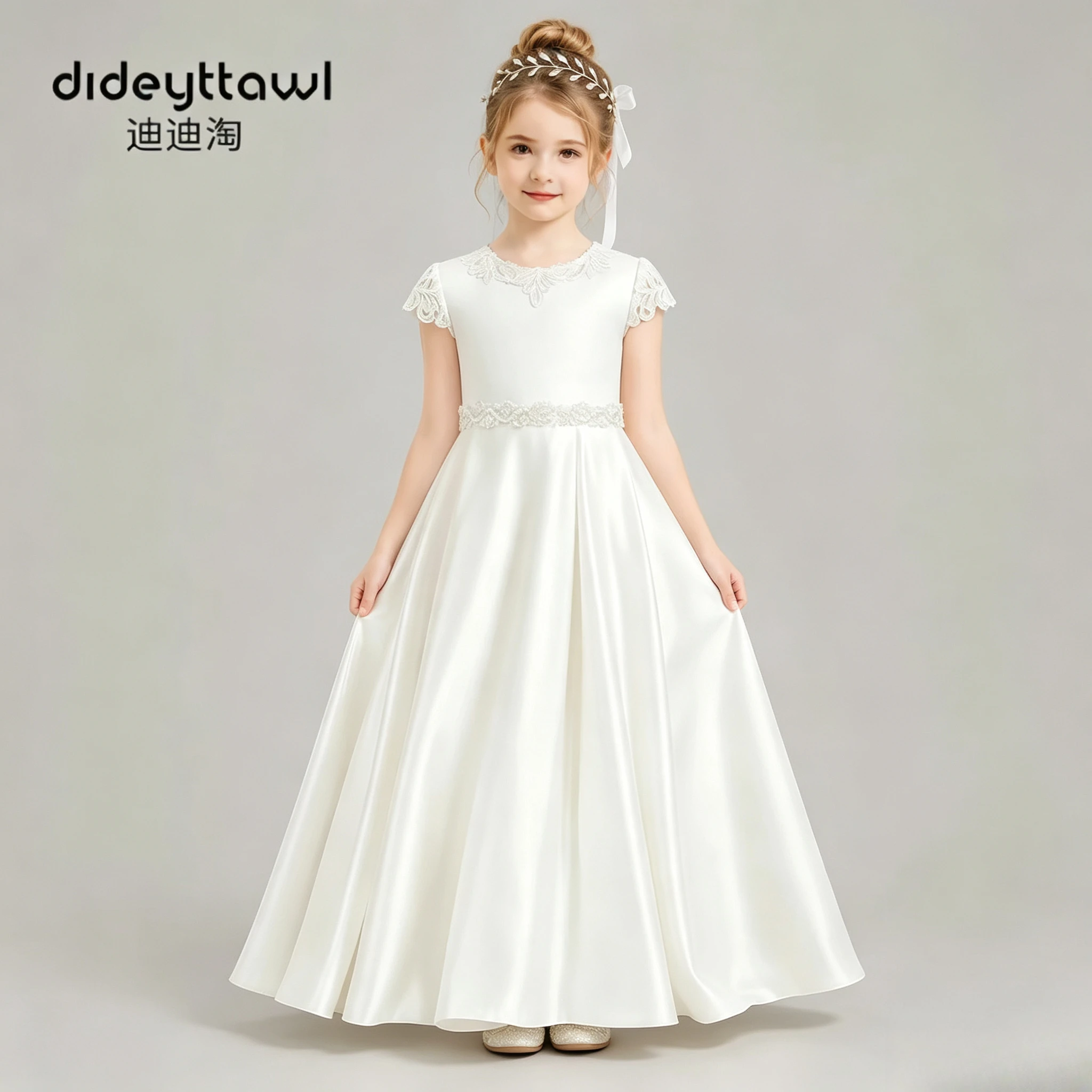 Girls Short Sleeve Satin Lace Long Dress Kids Floor Length Formal Gown With Big Back Bow For Wedding Party White Ivory Champagne