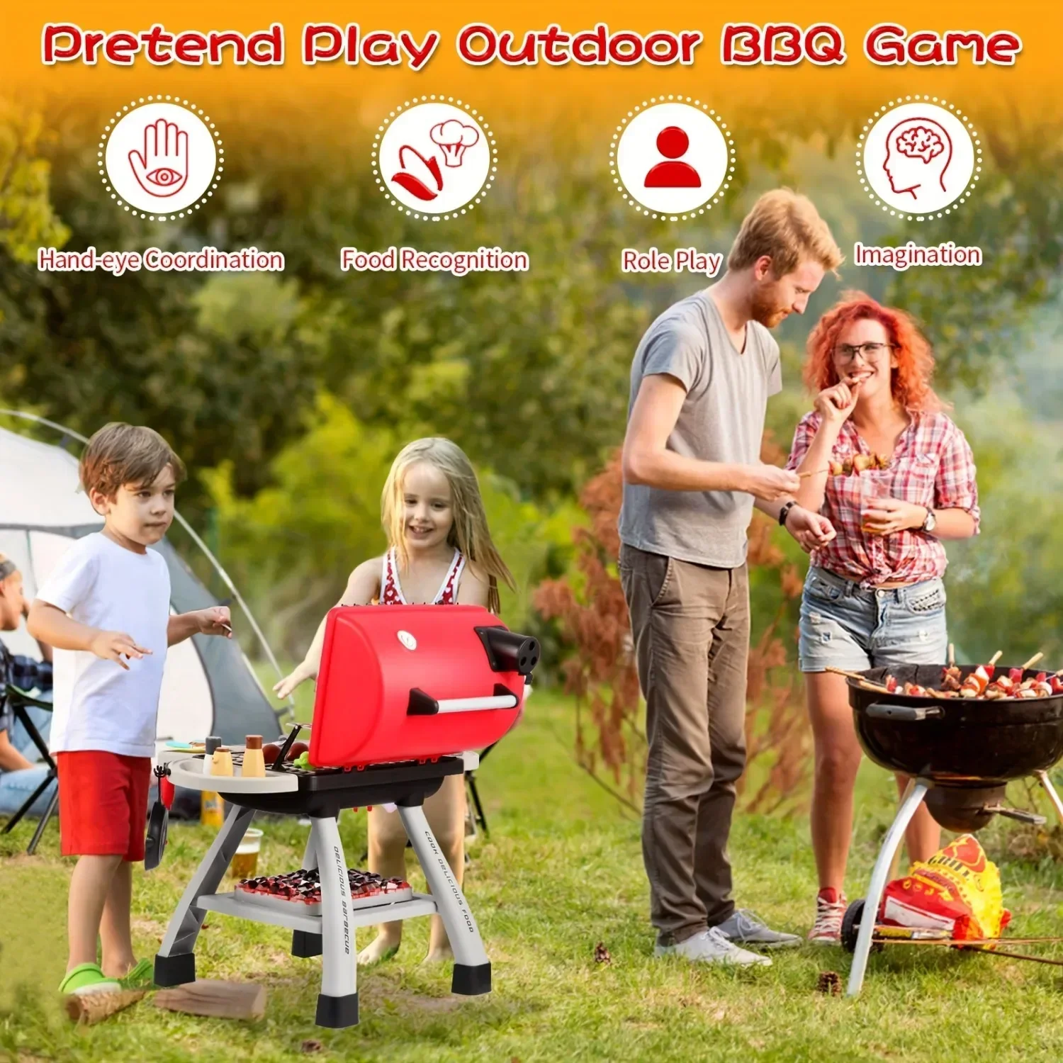 Barbecue Grill Toy Set Kids BBQ Pretend Play Kitchen Playset with Smoke Sound Light Simulation Camping Cooking Food Toys Gift