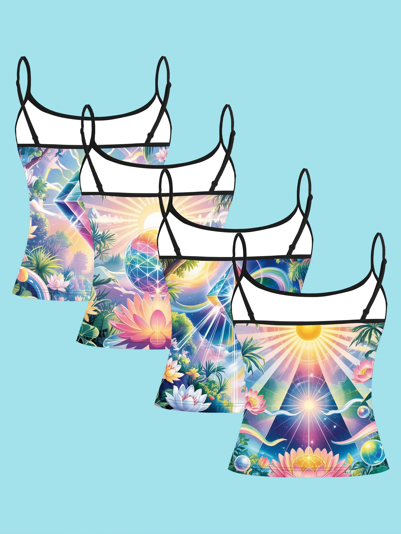 4-Piece Set of Dreamy Lotus Print Camisoles for Women, Rainbow Crystal Sunshine Fantasy Slim-Fit Spaghetti Strap Tops