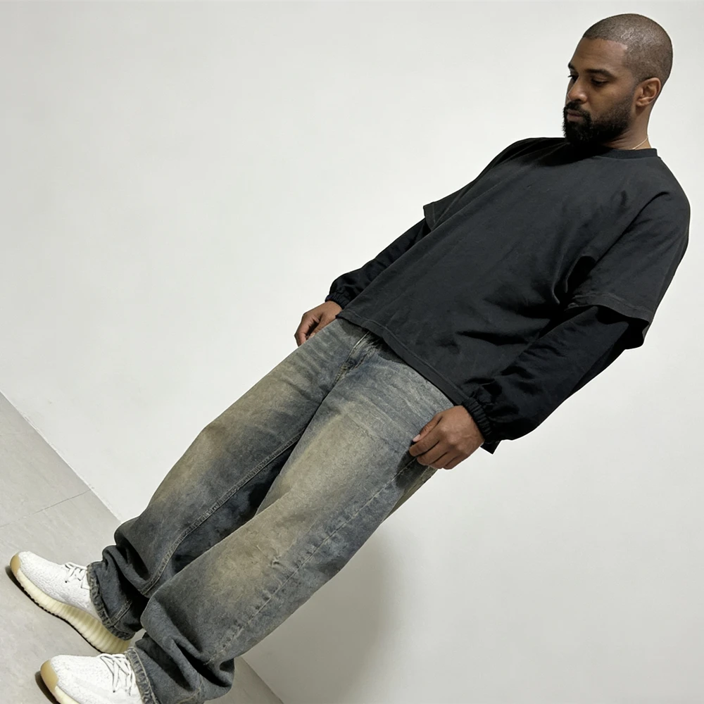 Yao Fashion Kanye West Loose Patchwork Long Sleeve Tee HipHop Street Style Casual Baggy Solid Color T