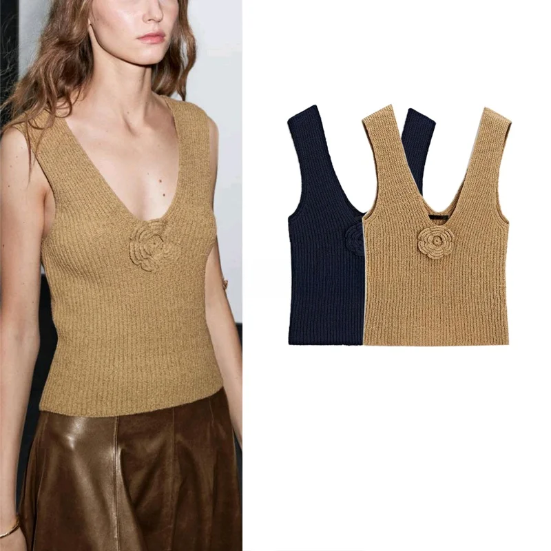 Sommer Neue frauen Gestrickte V-ausschnitt Weste Strap Top Floral Fraance Sle Island Vaion Licht Luxus Polyester Faser